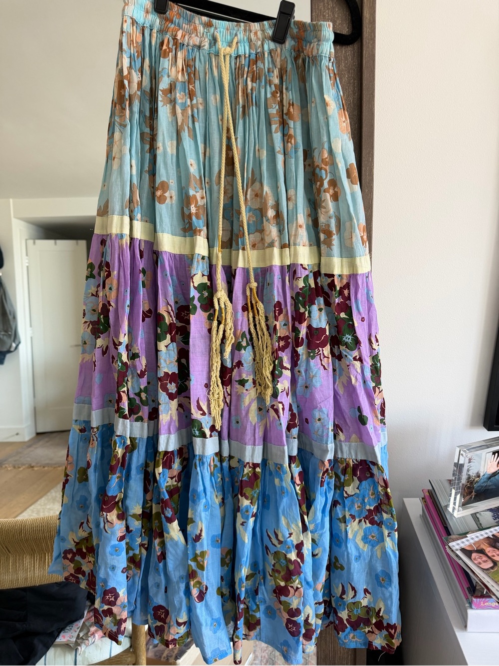Yvonne S Boho Tiered Floral Maxi Skirt in Light Blue, Lavender and Cream